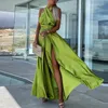 Casual Dresses Summer Solid Color Waisted Long Dress Elegant Off Shoulder Lace-up Satin Party Fashion Sleeveless Split Evening