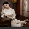 Kvinnors sömnkläder 2023 kinesisk retro antik stil kvinnor eleganta pyjamas hem bär nationell rund krage topp långa byxor två peiece set s317