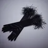 Five Fingers Gloves Women's Elegant Ostrich Feather Patchwork Long Velvet Glove Female Spring Summer Vintage Sunscreen Driving Pograph Glove R551 230815