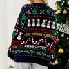 Suéteres femininos Pullovers de crochê femininos Snowring árvore de Natal Padrão de neve padrão marinho Jumpers azul