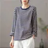 Women's T Shirts 2023 Arrival Autumn Women All-matched Loose Casual Striped O-neck Tops Tees Arts Style Long Sleeve Cotton T-shirt P782