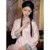 Kvinnors sömnkläder 2023 kinesisk retro antik stil kvinnor eleganta pyjamas hem bär nationell rund krage topp långa byxor två peiece set s317