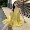 Casual Dresses Yellow Off Shoulder Bandage Halter Party Dress For Women 2023 Summer Sleeveless Pleated Ruffles Short Female Loose