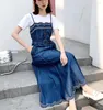 Lässige Kleiderinnen Frauen -Gurtkleid 2023 Sommer bestickter Denim Vintage High Taille Long