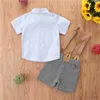 Ensembles de vêtements pour bébés, imprimés à carreaux, tenues pour bébés garçons, boutons à manches courtes, chemise à nœud papillon, pantalons à bretelles, costumes pour hommes