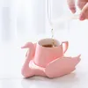 Mugs Nordic Creative Swan Coffee Cup Saucer Set With Gold Rim Small Cute White Black Green Pink Ceramic Cups and Saucers Lovely Gifts 230815