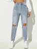 Frauen Jeans rissen Details Mama High Taille für Frauen modische Lose Jeans Weitbein Hosen lässige weibliche Hosen