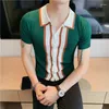 Men's Polos British Style Summer Short-sleeved Striped POLO Shirt High-quality Knitted Slim Casual Cardigan Lapel Button Tee Tops