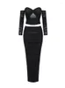 Two Piece Dress 2023 Prom Women's Set Sexy Tight Diamond Long Sleeve Top And Pleated Black Bandage