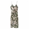 Abiti casual donna Elegante vestito con stampa a V verde a V Verde 2023 Summer Ladies Chic Floral Midi Floral Slip Linen