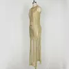 Casual Dresses Gold Sticked Hollow Out Perspective Dress Women Night Club ärmlös Evening Party Sexig golvlängd SC008