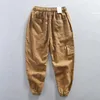 Calça masculina Carga de linho de algodão vintage para homens soltos fit elástico Cantura de cordão