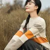 Women's Sweaters Autumn And Winter Rolled Edge Crew Neck Sweater Color Contrast Loose Warm Pullover Knitted Undercoat