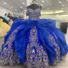 Royal-Blue Gold Quinceanera-jurk 2023 Puffy Craciled Lace Sweet 16 Ball Jurk Glitter TULLE Vestidos de 15 anos veter korset BAC243S