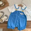 Rompers 2023 Summer Born Baby Boy Clothes Kort ärm Slå ner krage lapptäcke ficka romper jumpsuit outfits födelsedagsdräkt 230814