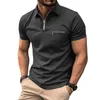 Men's Polos 2023 Summer Men Solid Color Polo Shirts Lapel Zipper Short Sleeve Pocket Office Smart Casual Tee Tops Mens Sports Tshirt