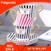 Kupalar Kupalar Kısa Stripe Bone China Kahve Kupası Sakı altın kaşık zarif seramik Paris Çay 225ml Porselen Çay Kafe İçecek Sware 2