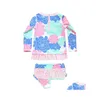 Tvådelar Flamingo baddräkt Set Girls 2 Piece Sun Protection Rash Guard Kids Girl Long Sleeve Swim Shirt and Shorts 220722 DR DH5JY