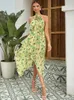 Casual Dresses Summer Floral Printed Backless Long Dress Women Green Halter Lace-up Irregular Ruffles Slim Tie Flower Club Party Evening