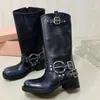 Bottes harnais ceinture bouclée de vache de vache biker en cuir genou chunky talon zip knight bottes mode orteil carré chaussure de cheville pour femmes chaussures de créateur usine