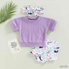 Clothing Sets 0-3Y Baby Girls Clothes Sets Summer Short Sleeve Solid T-shirt and Elastic Rabbit Print Shorts Headband Set