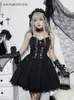 Sukienki swobodne Gothic Style Dark Lolita Sukienka dla kobiet 2023 Summer czarny kamisole słodka seksowna koronkowa księżniczka