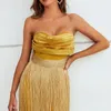 Casual Dresses 2023 Women's Sleeveless Fashion Tube Top Skinny Mini Dress Elegant Yellow Tassel Design Celebrity Party