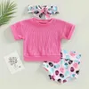 Clothing Sets 0-3Y Baby Girls Clothes Sets Summer Short Sleeve Solid T-shirt and Elastic Rabbit Print Shorts Headband Set