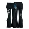 Женские брюки Женщины черные вышитые повседневные повязки Flares Punk Lace Up Bell Bottom Leggings Винтажные карманы твердые осени Y2K