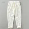 Calça masculina comprimento de linho do tornozelo casual harém masculina roupas plissadas vintage de calças cáqui marrom branco para o homem 2023 verão