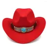 BERETS MISTDAWN 2023 Fashion Western Cowboy Hat Cowgirl Cap Jazz Costume Wool Blend Wide Brim w/ Turquoise Leather Band för män kvinnor