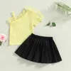 Kledingsets 4-7Y Mode Kindermeisjeskledingsets Eén schouder Ruches Shirts Tops met elastische taille Geplooide rok