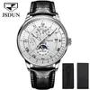 Armbandsur JSDUN 2023 Business Men's Sports Mechanical Watch Moon Fas Leather Luxury Automatic Waterproof Montre Homme 8909