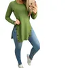 QNPQYX New Fashion Womens Tops Solid Round Neck Slit Buttons On Sides Casual Loose Long Sleeve Woman T-shirts Pullover Clothes