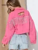 Jaquetas femininas jaqueta jeans mulheres lapela manga longa buraco borla reta rosa top outono algodão vintage casual streetwear casaco senhoras 230815
