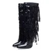 أزياء Boots Ribetrini مدببة إصبع القدمين المزيج منتصف العجل للنساء Zip Metallic Glitter مثير فستان أنيق أحذية طويلة 230815