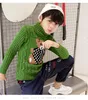 Pullover 2023 Boys Girls Sweater Winter سميك حبل القاع القاع القمامة الياقة المدورة القمصان الصلبة أطفال ذوي الياقات العالية