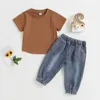 Set di abbigliamento 2 pezzi Set di abbigliamento casual per bambini da bambino Tinta unita Top a maniche corte Blue Jeans Completo estivo 0-4 anni