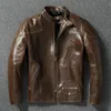Herenjacks staan ​​Kraagtoplaag Cowhide Motorfietsjack Vintage Oil Waxed Calfskin Flight Suit Bruine Multipocket Zipper 230814