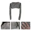 Women's T Shirts Women Colorful Rhinestones Long Sleeve Crop Top Sparkly Glitter Drill Shawls Shrug See Through Fishnet Cover Up Clubwear