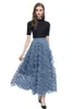 Women's Runway Designer Two Piece Dress O Neck Flexible Black Blouse with Ruffles Appliques Long Skirt Fashion Twinset