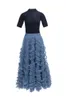 Women's Runway Designer Two Piece Dress O Neck Flexible Black Blouse with Ruffles Appliques Long Skirt Fashion Twinset