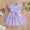 Flickans klänningar Kids Girls Dresses paljetter Stjärnor Crew Neck Fly Sleeve Rib Knit Princess Dress Summer Casual Dress with Bow Belt R230815