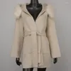 Pelliccia da donna CXFS 2023 Donne Cashmere di alta qualità e cappotto di lana con cappuccio con collare in finto taglio morbido a medio lunghezza sciolta casual