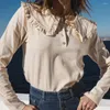 Women's Blouses Rowling Mirror Doll Neck Ruffle Button Cotton Shirt Women Long Sleeve Single Breasted Blouse Vintage Resort Clothing