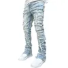 Men's Jeans Stacked Pants Hirigin Regular Fit Patch Distressed Destroyed Straight Denim Pants Streetwear Clothes Casual Jean