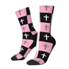 Herensokken kleurrijk roze zwart witte luipaard christelijke kruis patroon retro kruisiging Harajuku crew sock cadeau