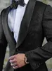 Men's Suits Groomsmen Black Pattern Groom Tuxedos Shawl Satin Lapel Men 2 Pieces Wedding Bridegroom ( Jacket Pants Bow Tie ) D299
