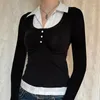 Magliette da donna patchwork y2k top top girare girare abbottons shirt donna donna nera manica piena harajuku pullover prepyl
