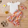 Conjuntos de roupas para bebês de 3 a 24 meses, recém-nascidos, meninas, conjuntos de roupas com laço, macacão floral, calças flare, roupas de verão para meninas